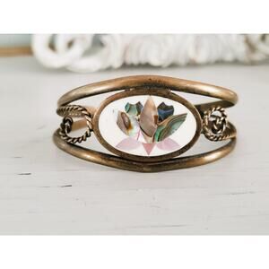 Vintage Pink Floral Mother of Pearl Cuff Bracelet
